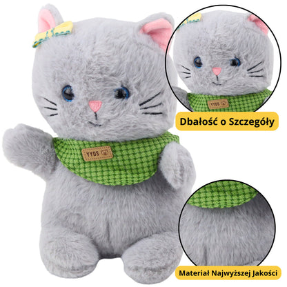 Peluche Gato com Laço e Cachecol Cinzento Verde 22cm