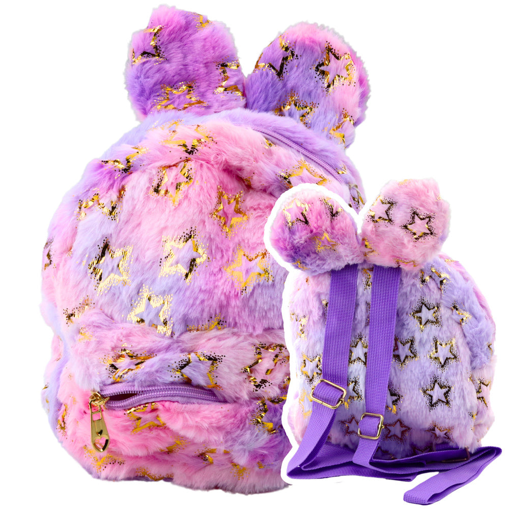 Mochila de Peluche Infantil Orelhas e Estrelas Douradas Lilás Rosa