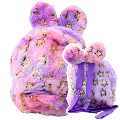 Mochila de Peluche Infantil Orelhas e Estrelas Douradas Lilás Rosa