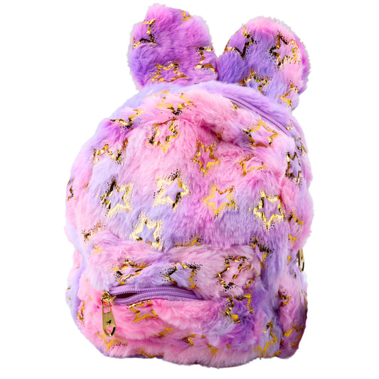 Mochila de Peluche Infantil Orelhas e Estrelas Douradas Lilás Rosa