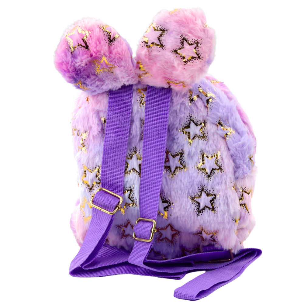Mochila de Peluche Infantil Orelhas e Estrelas Douradas Lilás Rosa