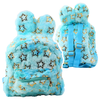 Mochila de Peluche Infantil Orelhas e Estrelas Douradas Azul 24cm
