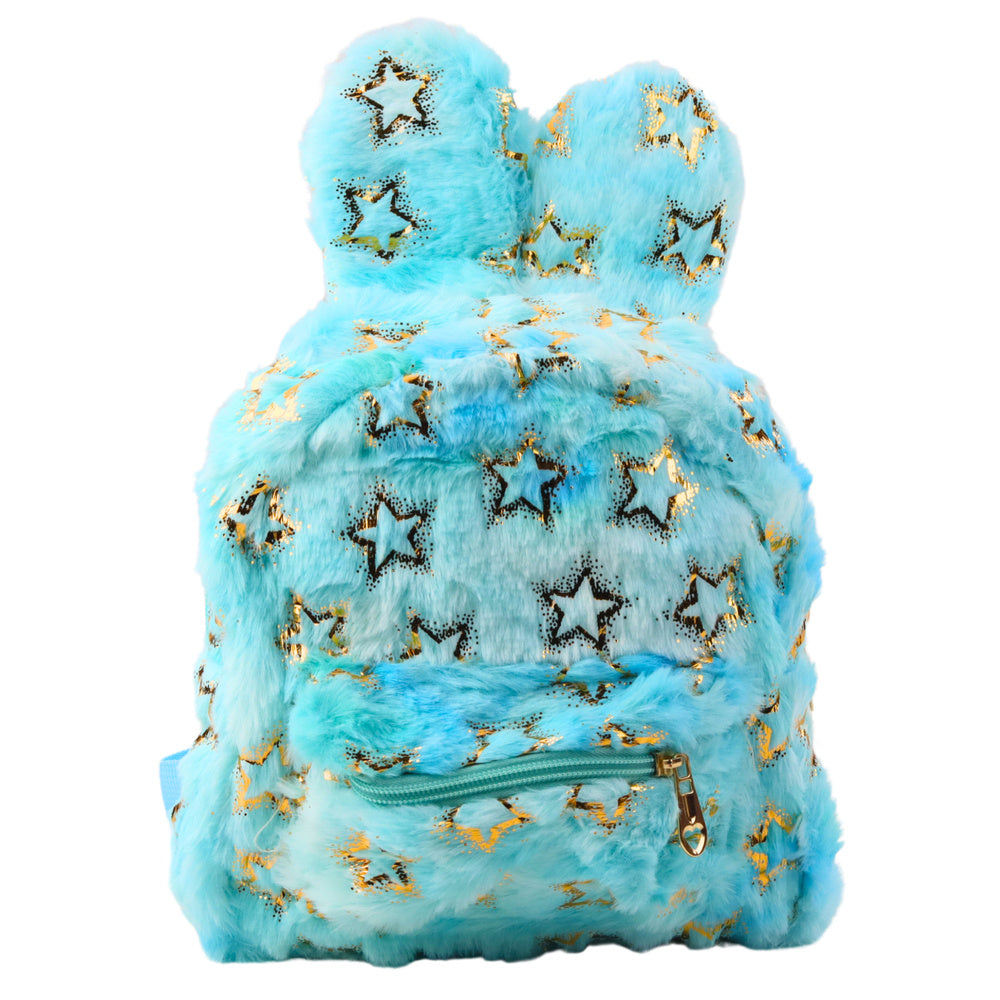 Mochila de Peluche Infantil Orelhas e Estrelas Douradas Azul 24cm