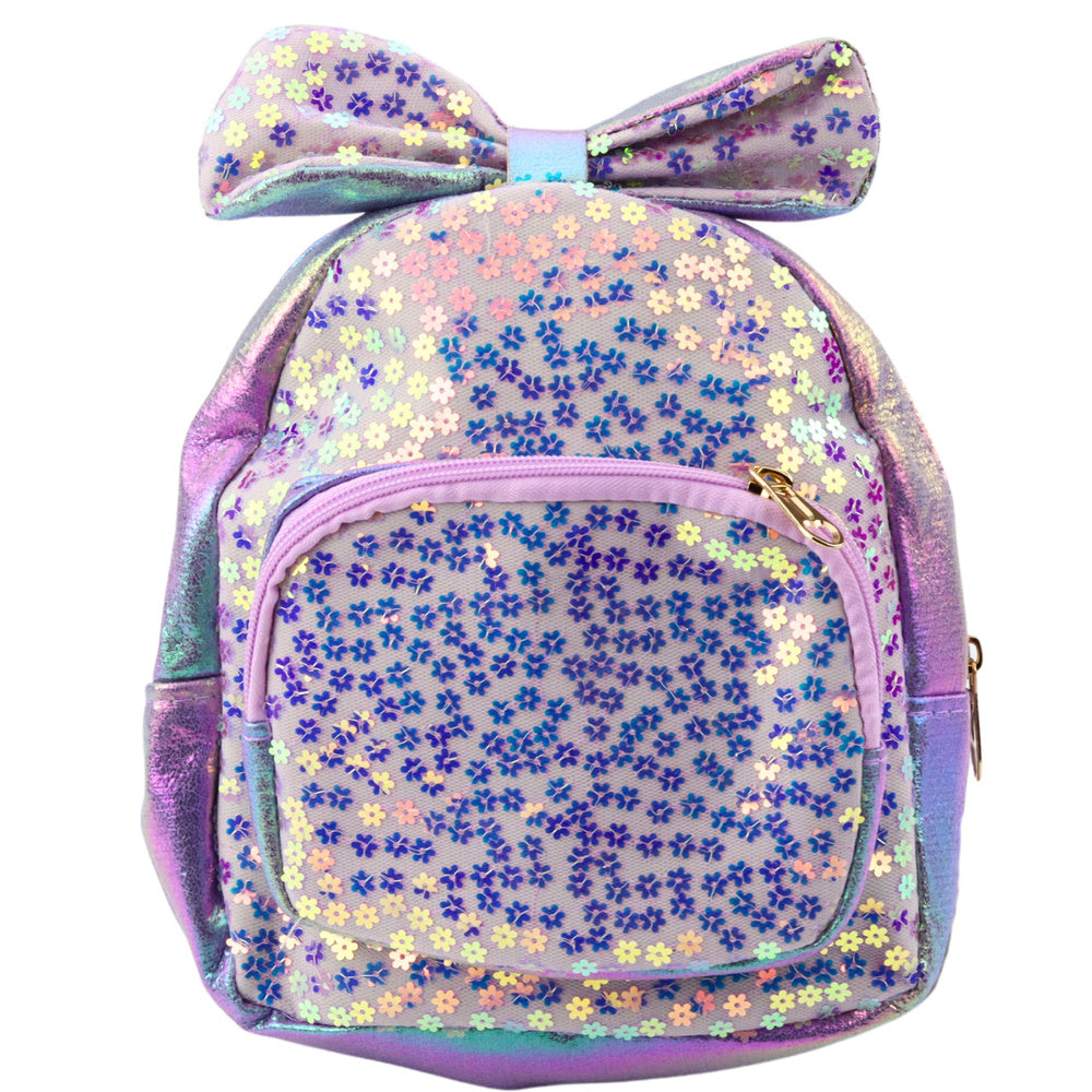 Mochila Infantil Lantejoulas Flores e Laço Roxa 22cm 2,8L