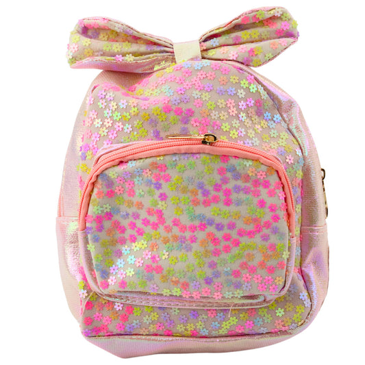 Mochila Infantil Lantejoulas Flores e Laço Rosa Claro 22cm 2,8L
