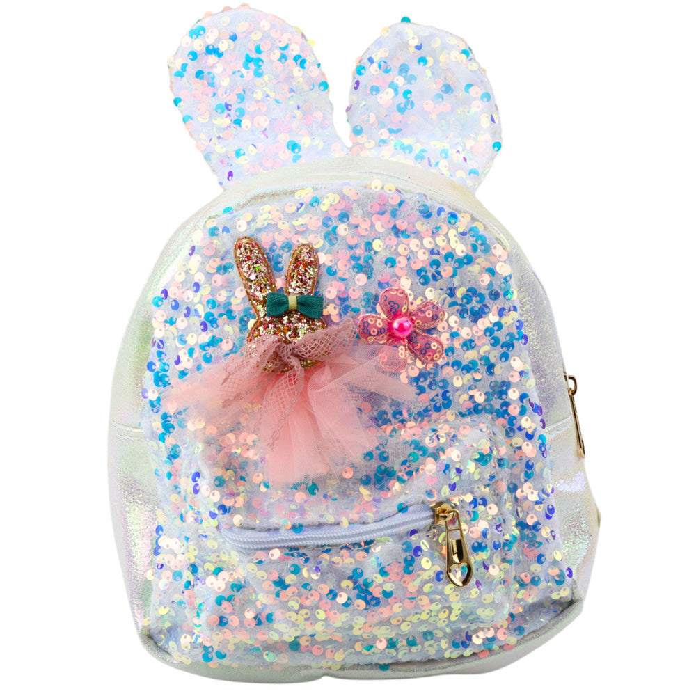 Mochila Infantil Orelhas de Coelho com Lantejoulas Branca 22cm 4,4L
