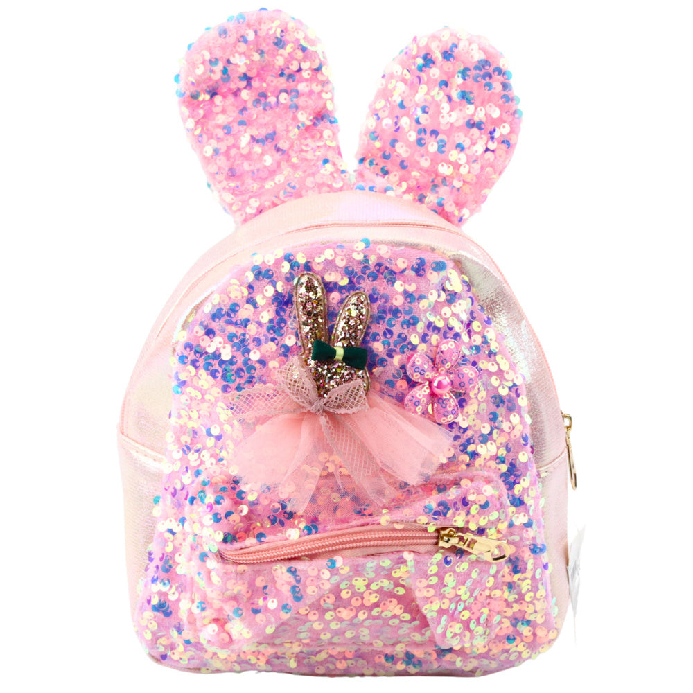 Mochila Infantil Orelhas de Coelho com Lantejoulas Rosa Claro 22cm 4,4L