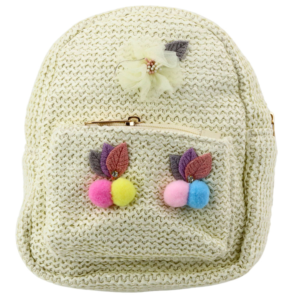 Mochila Infantil Bordada com Pompoms Creme 20cm 2,5L