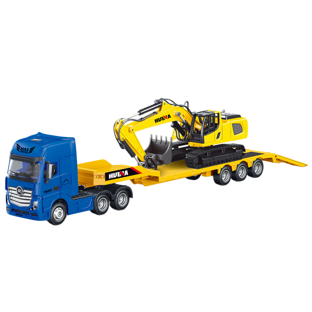 Camião Reboque com Escavadora Metálica Huina Amarelo 1:50