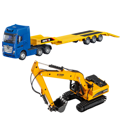 Camião Reboque com Escavadora Metálica Huina Amarelo 1:50