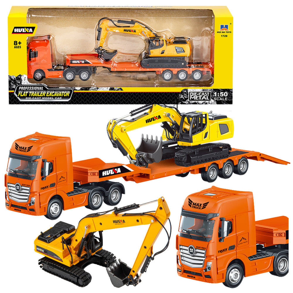 Camião Reboque com Escavadora Metálica Huina Laranja 1:50
