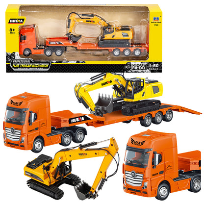 Camião Reboque com Escavadora Metálica Huina Laranja 1:50