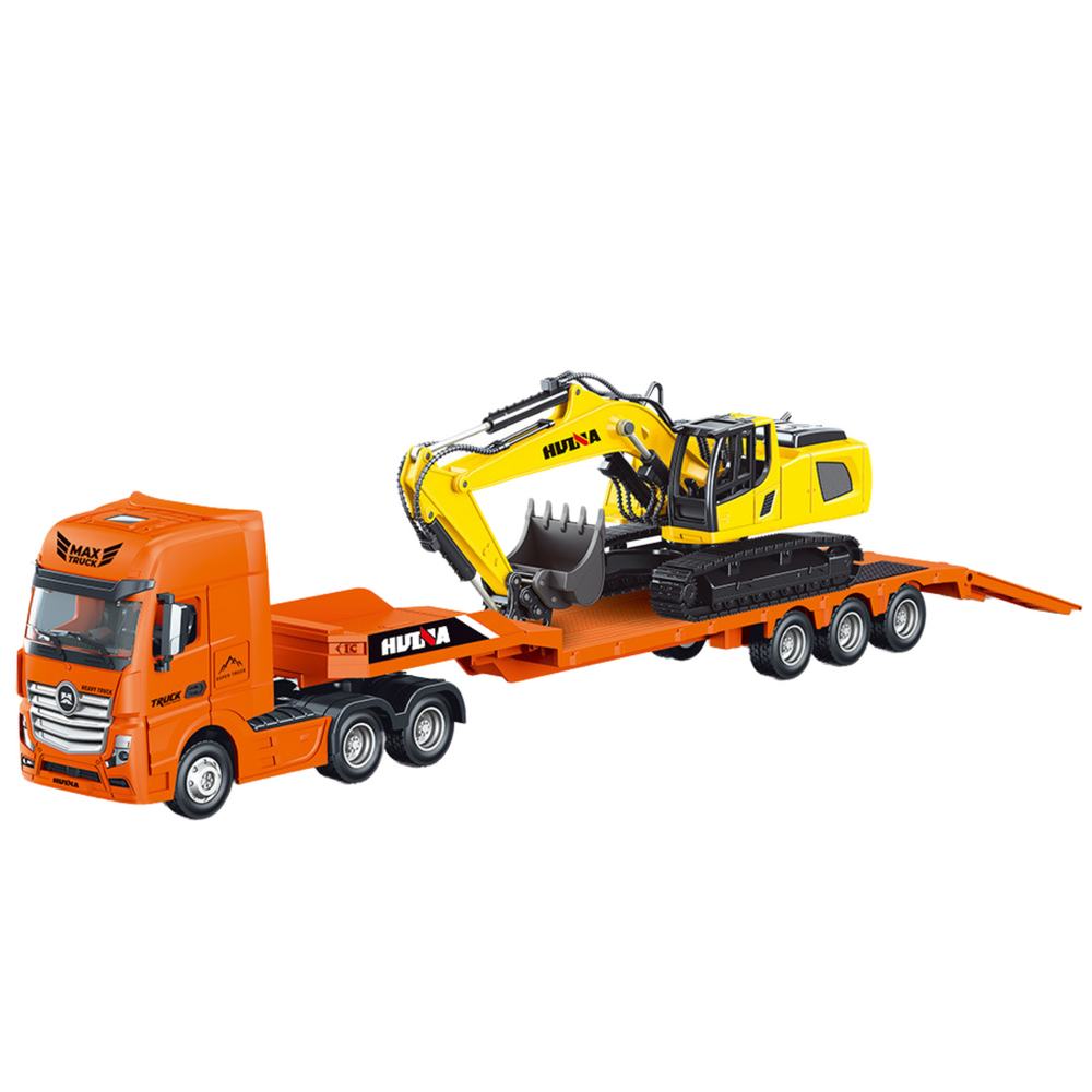 Camião Reboque com Escavadora Metálica Huina Laranja 1:50