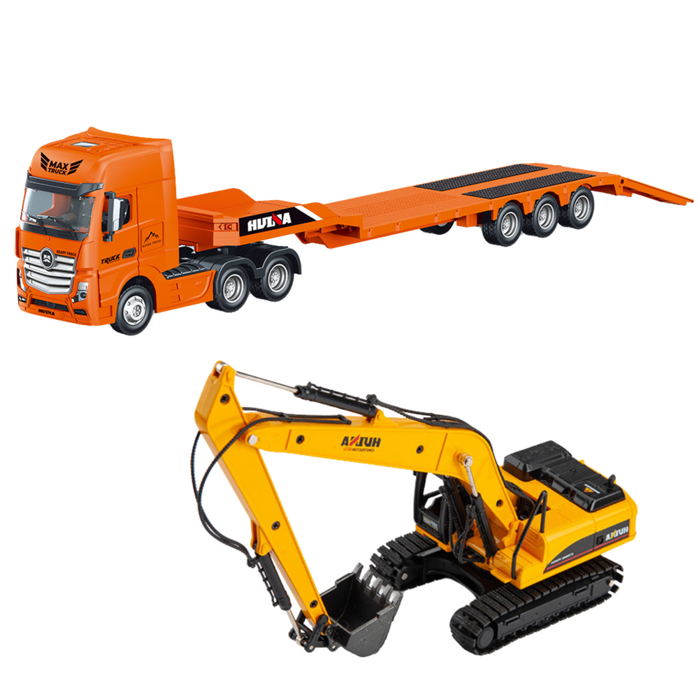 Camião Reboque com Escavadora Metálica Huina Laranja 1:50