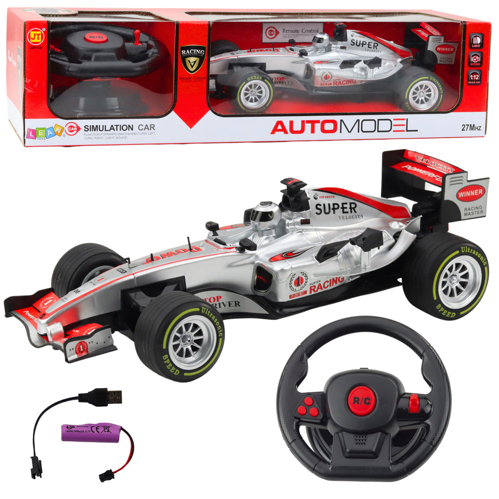 Carro de Corrida RC com Volante Luzes e Sons Prateado 1:12