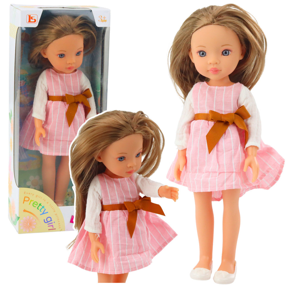 Boneca Vestido Rosa Laço Cabelo Castanho Comprido
