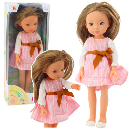 Boneca Vestido Rosa Laço Cabelo Castanho Comprido