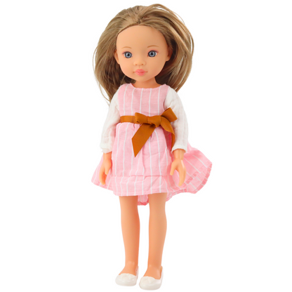 Boneca Vestido Rosa Laço Cabelo Castanho Comprido