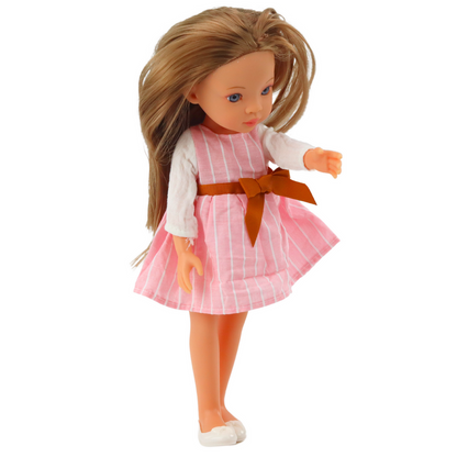 Boneca Vestido Rosa Laço Cabelo Castanho Comprido