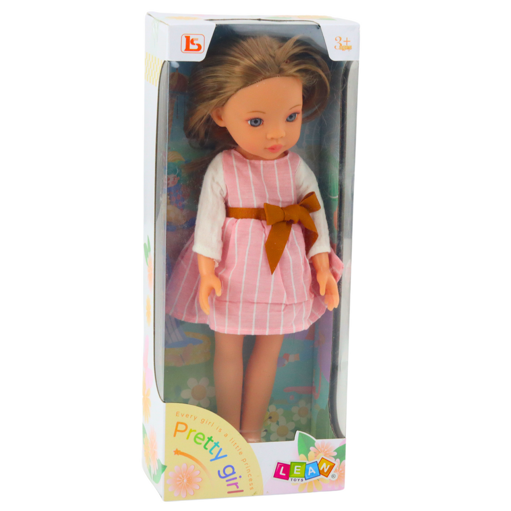 Boneca Vestido Rosa Laço Cabelo Castanho Comprido
