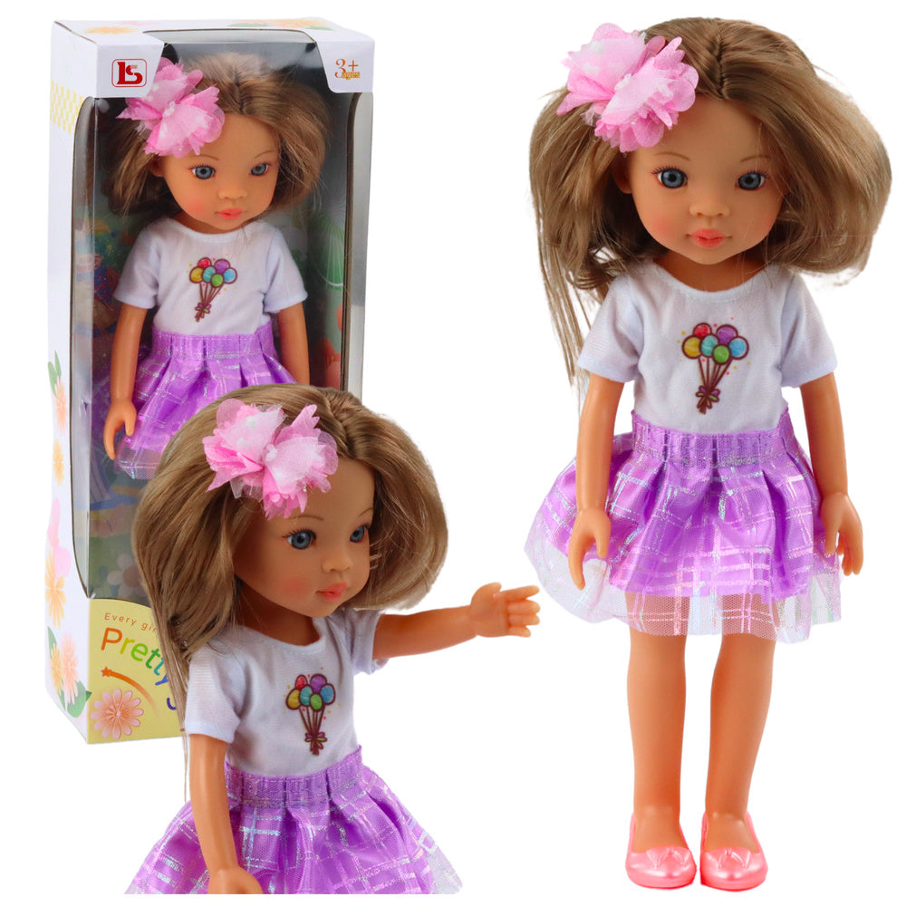 Boneca Vestido Roxo Cabelo Castanho Comprido Flor