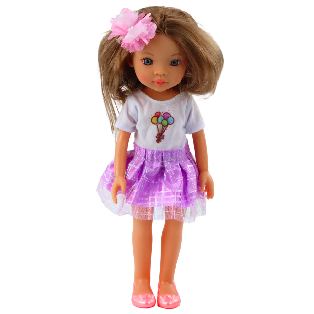 Boneca Vestido Roxo Cabelo Castanho Comprido Flor
