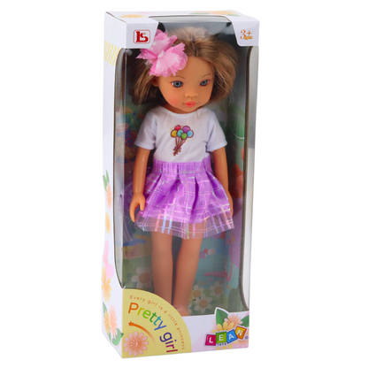 Boneca Vestido Roxo Cabelo Castanho Comprido Flor