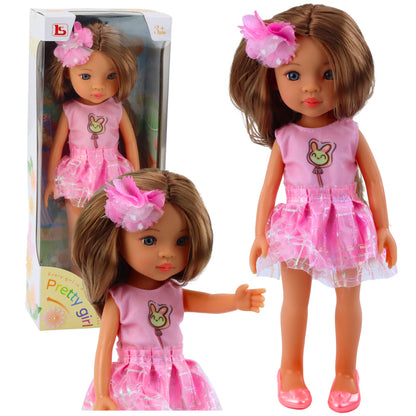 Boneca Vestido Rosa Cabelo Castanho Comprido Gancho Flor