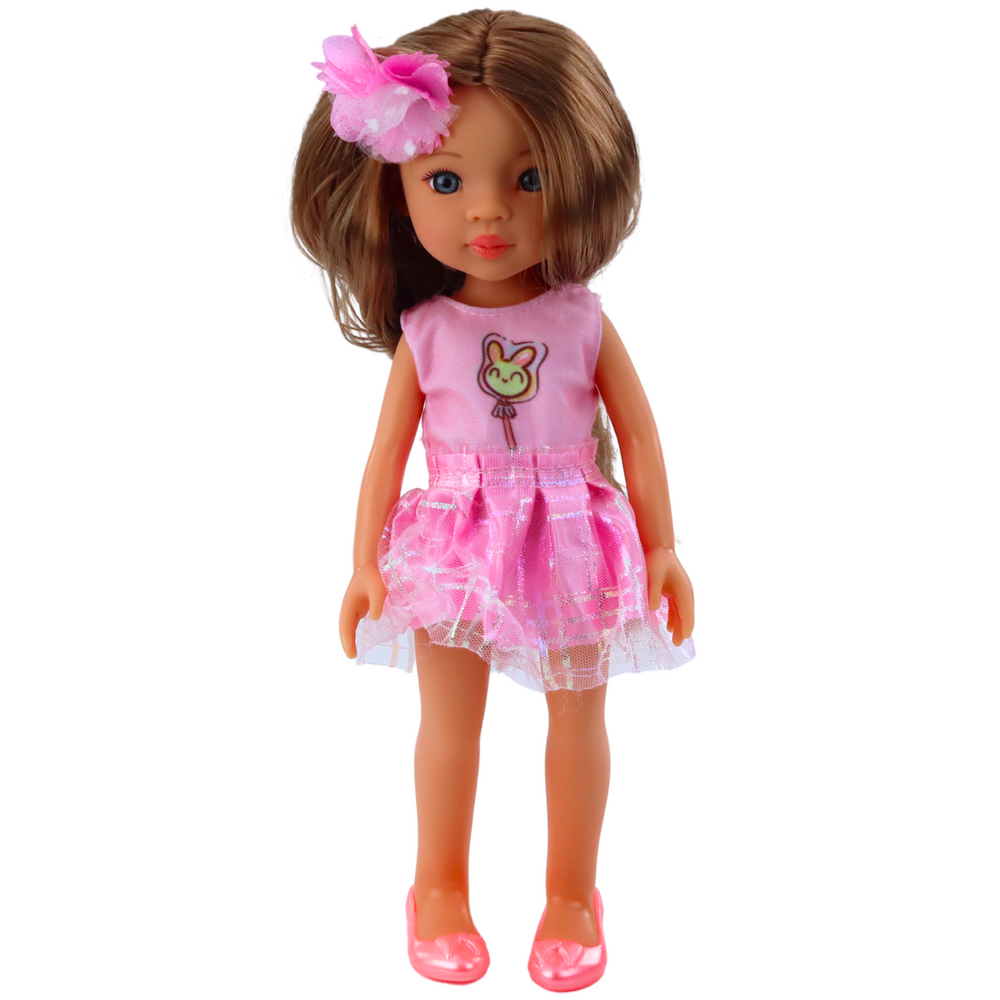Boneca Vestido Rosa Cabelo Castanho Comprido Gancho Flor