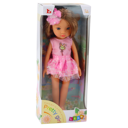Boneca Vestido Rosa Cabelo Castanho Comprido Gancho Flor