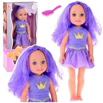 Boneca Vestido Coroa Cabelo Comprido Roxa com Escova 38cm