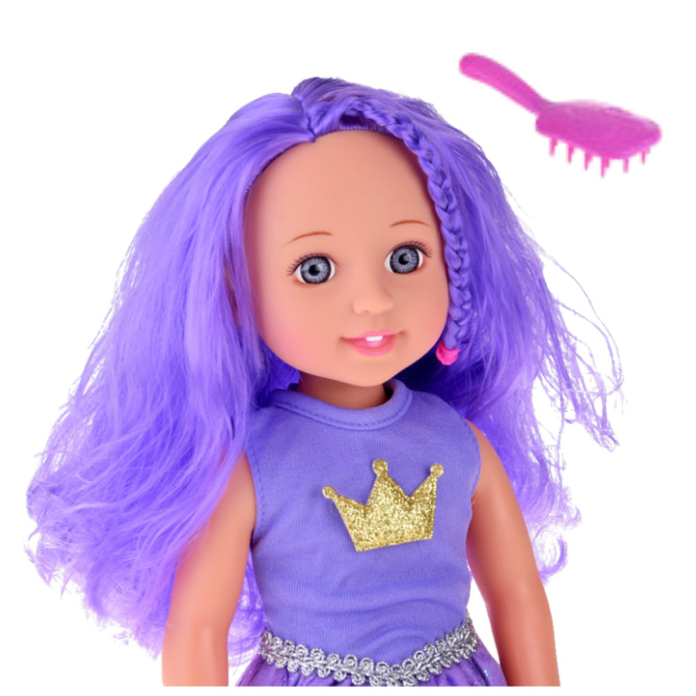 Boneca Vestido Coroa Cabelo Comprido Roxa com Escova 38cm