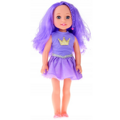 Boneca Vestido Coroa Cabelo Comprido Roxa com Escova 38cm