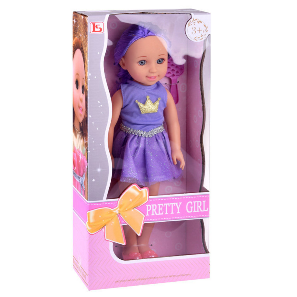 Boneca Vestido Coroa Cabelo Comprido Roxa com Escova 38cm