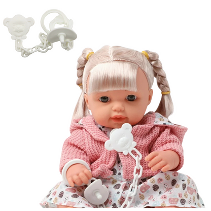 Boneca Bebé Menina Vestido Camisola com Chupeta Sons