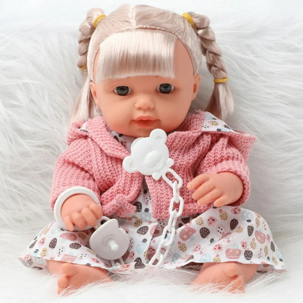 Boneca Bebé Menina Vestido Camisola com Chupeta Sons