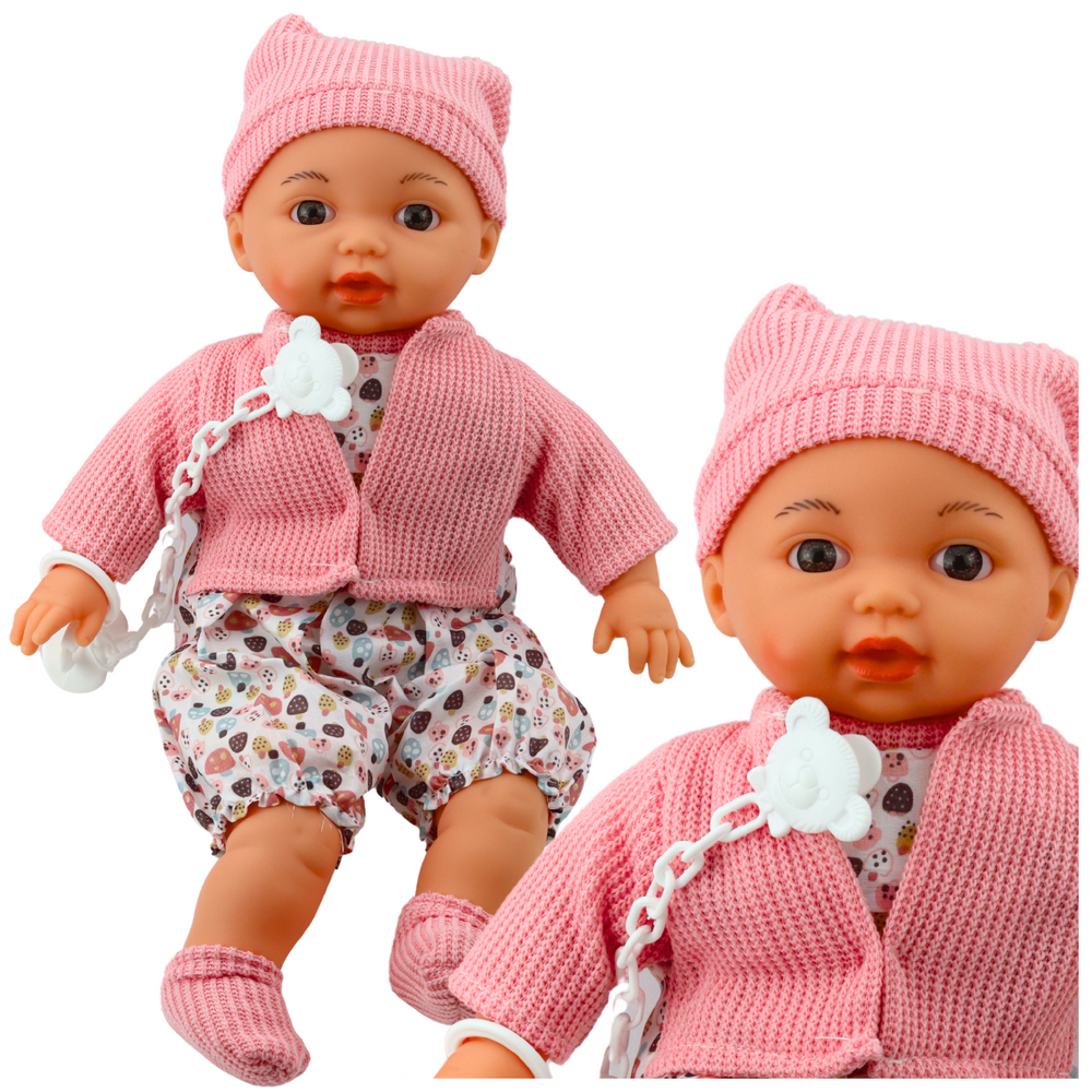 Boneca Bebé Camisola Gorro Corrente de Chupeta Rosa 40cm