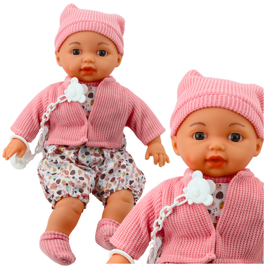 Boneca Bebé Camisola Gorro Corrente de Chupeta Rosa 40cm