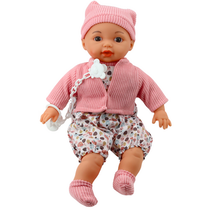 Boneca Bebé Camisola Gorro Corrente de Chupeta Rosa 40cm