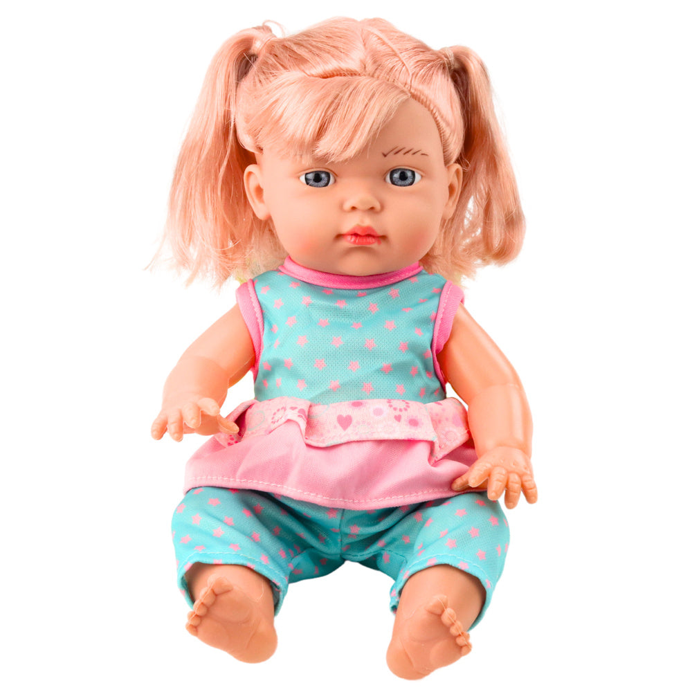 Boneca Bebé Conjunto Turquesa Póneis Biberão Som