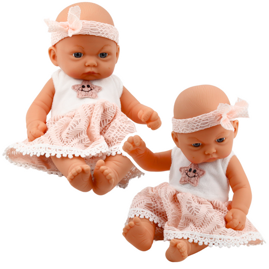 Boneca Bebé Vestido Renda Rosa com Bandolete Estrela