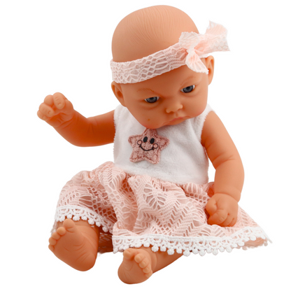 Boneca Bebé Vestido Renda Rosa com Bandolete Estrela