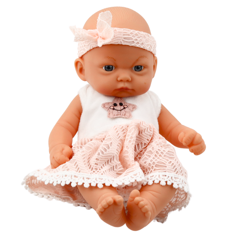 Boneca Bebé Vestido Renda Rosa com Bandolete Estrela