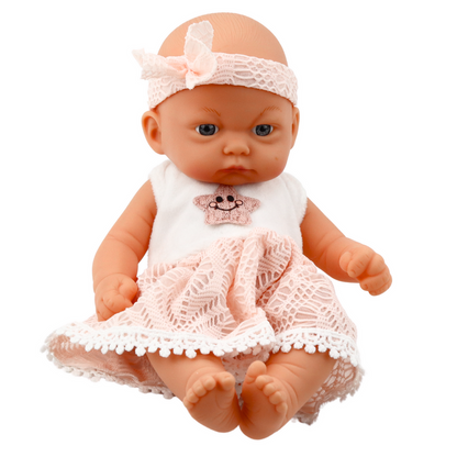 Boneca Bebé Vestido Renda Rosa com Bandolete Estrela