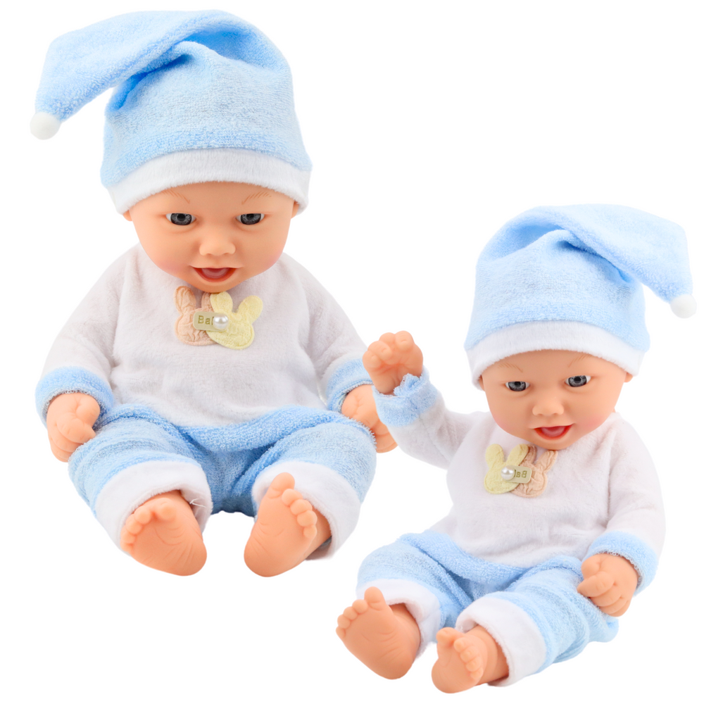 Boneca Bebé Pijama Azul com Gorro Pompom