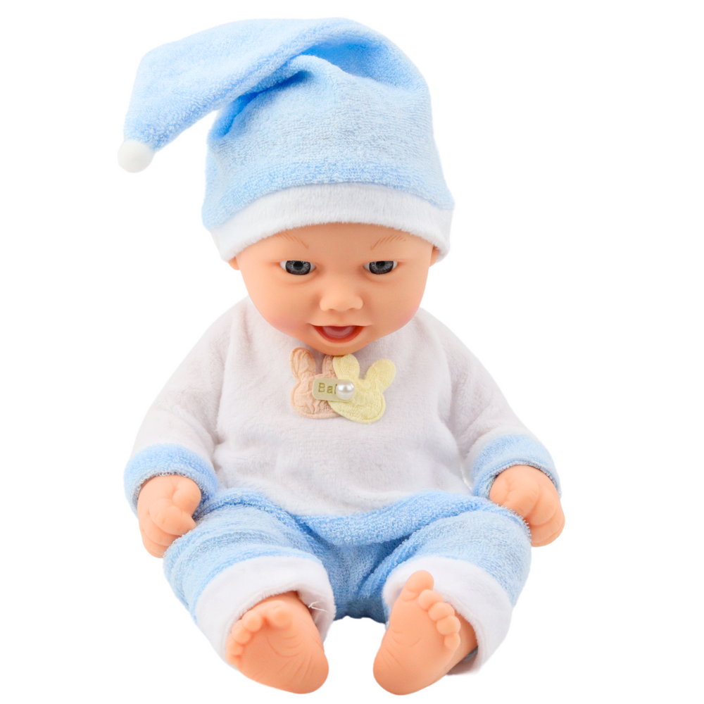 Boneca Bebé Pijama Azul com Gorro Pompom