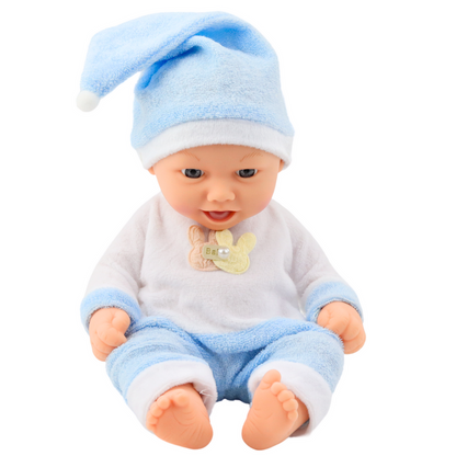Boneca Bebé Pijama Azul com Gorro Pompom