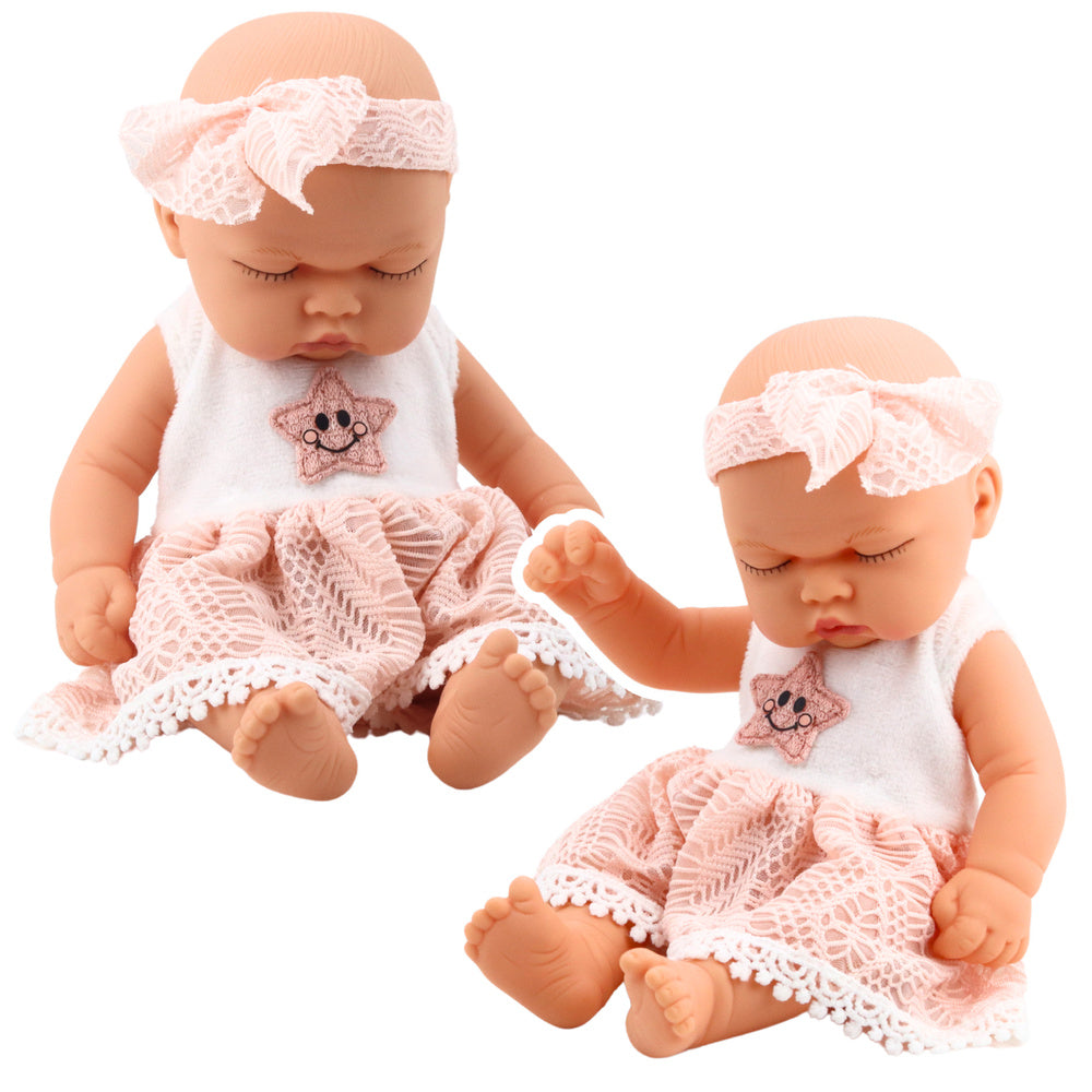 Boneca Bebé a Dormir Vestido Renda Rosa com Bandolete Estrela