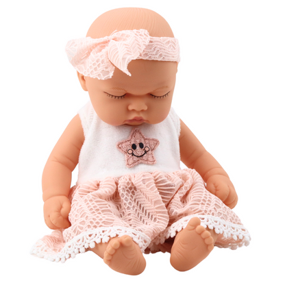 Boneca Bebé a Dormir Vestido Renda Rosa com Bandolete Estrela
