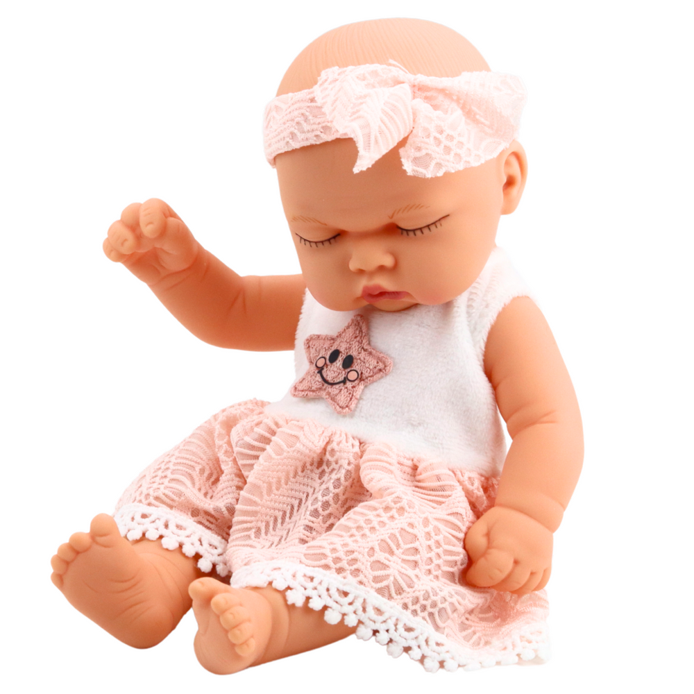 Boneca Bebé a Dormir Vestido Renda Rosa com Bandolete Estrela